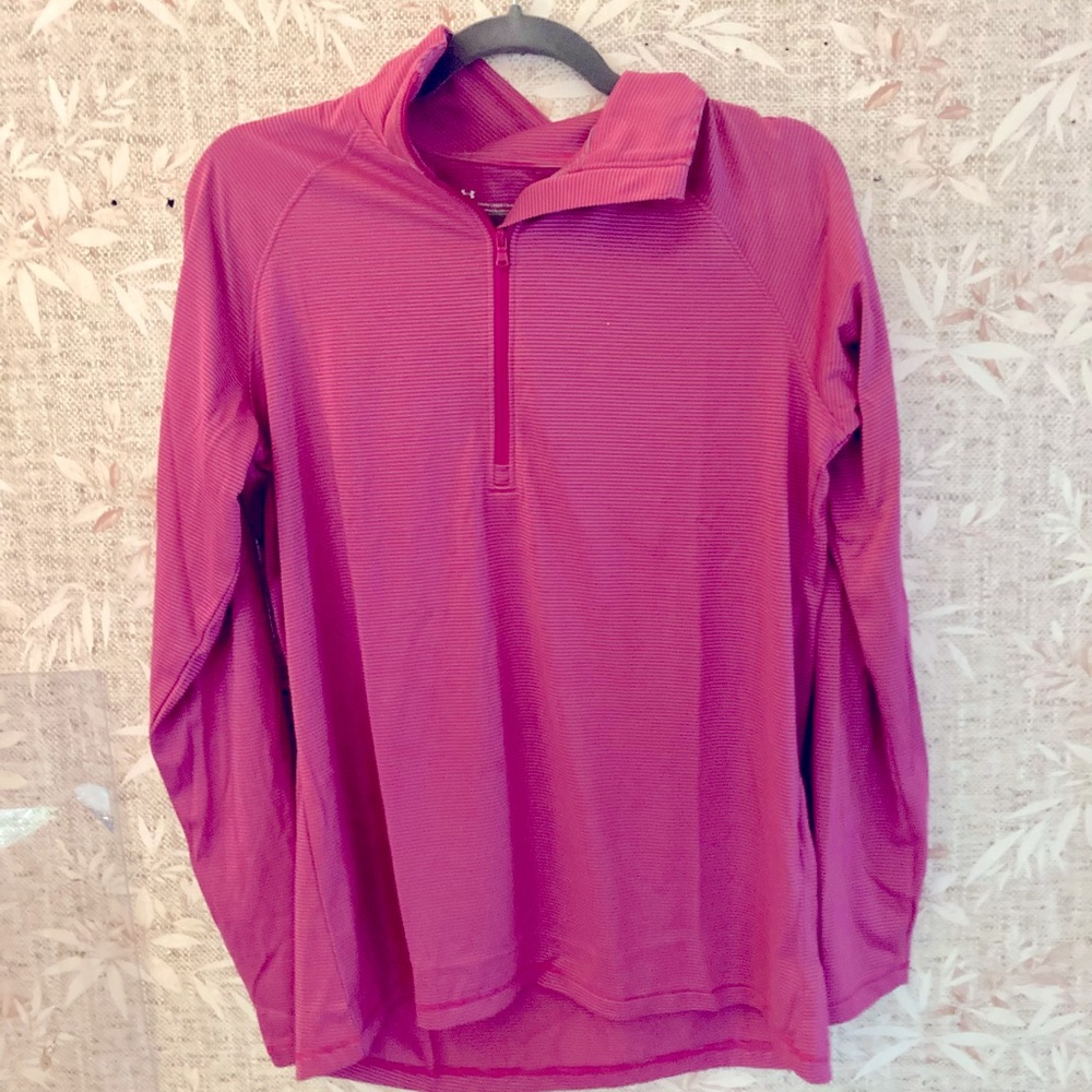 NWT Under Armour golf Heat Gear quarter zip size M pink and grey stripe pattern